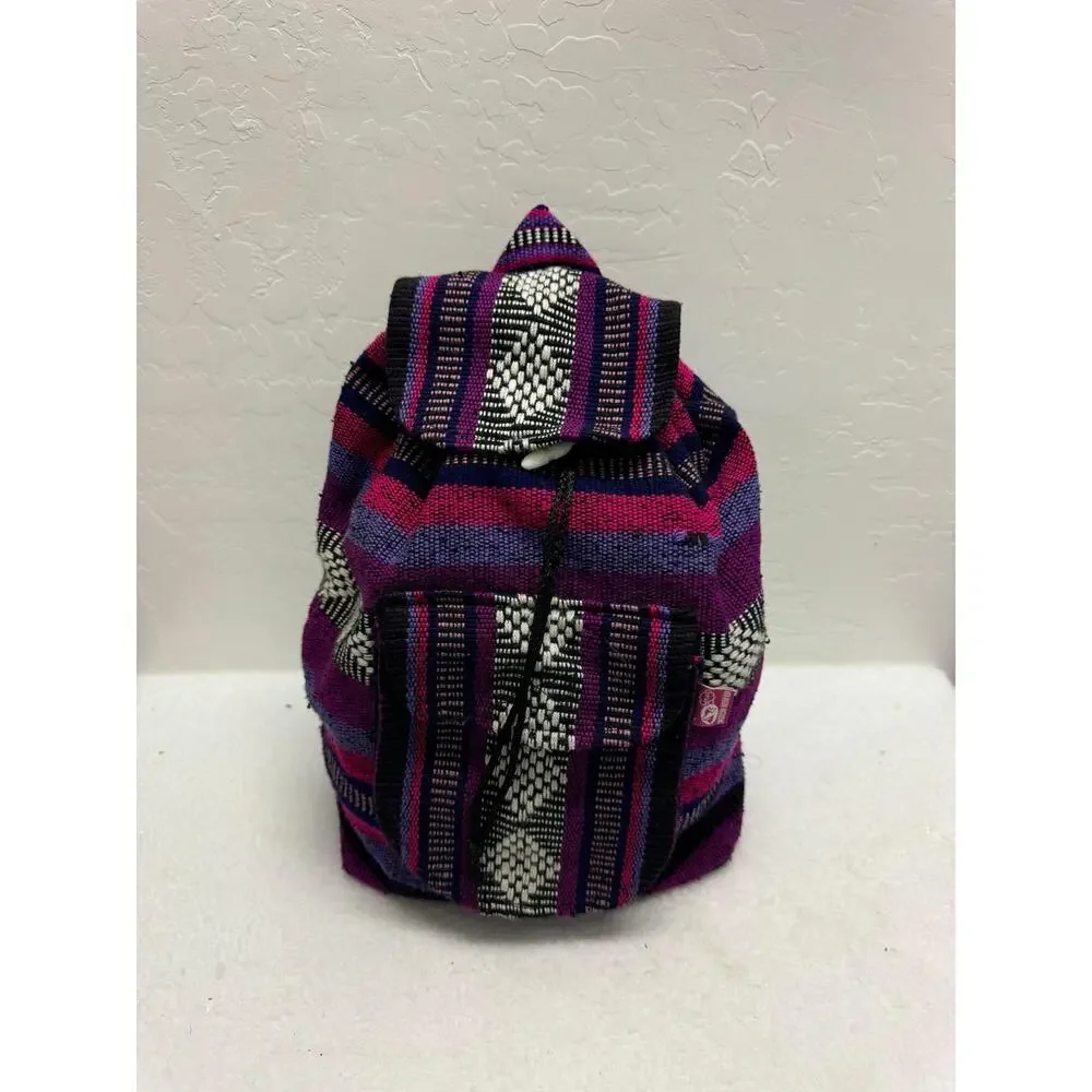 Mexican‎ Indian Bag Multicolor Wool Striped Drawstring Backpack Good Condition